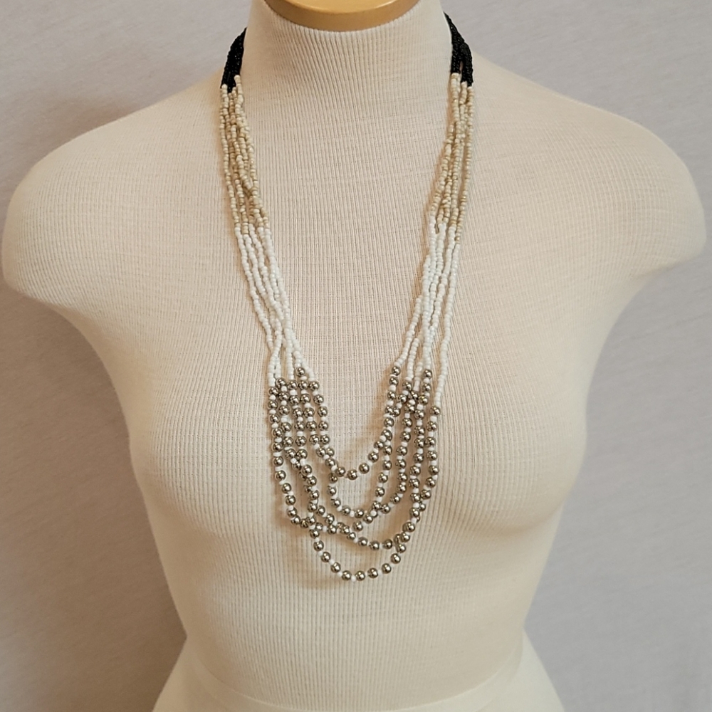 Handmade beaded necklace, white, silver,beige.